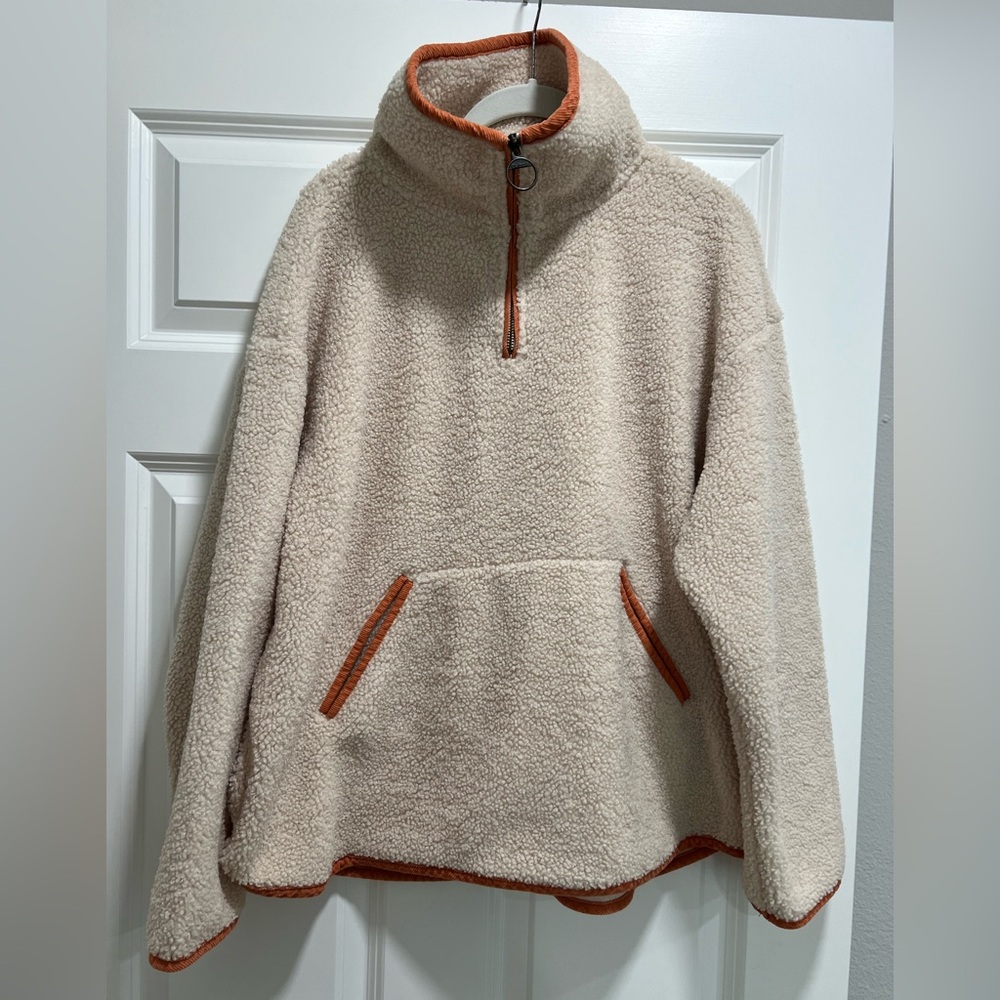 Barbour Women’s Cream Zip-Up Shearling Pullover with Orange Trim
